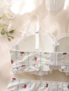DelicateAllure 2pcs Plus Size Bra Set With Molded Cup, Underwire, Mesh Inset, Ruffle Trim, Bow Decor, Floral Print, Lift & Support - White - View 9