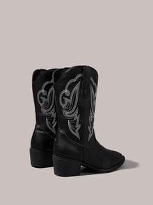 Styleloop Bốt nữ Gothic Punk thêu trắng cổ bướm cắt chữ V phong cách Western cao đến bắp chân gót dày, Halloween - Màu đen mờ - Xem 4
