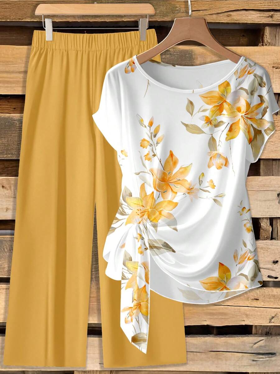 SHEIN LUNE Bộ đồ nữ gồm áo sơ mi thắt nơ và quần ống đứng dáng rộng, kiểu dáng thường ngày. - Nhiều màu - Xem 1