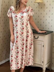 CottageSlumber Plus Size Women's Casual Floral Print Double Ruffle Collar Long Nightgown - Multicolor - View 4