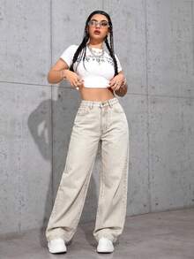 SHEIN ICON Jeans de pierna ancha de unicolor con bolsillo en diagonal para uso casual diario - Caqui - Ver 4