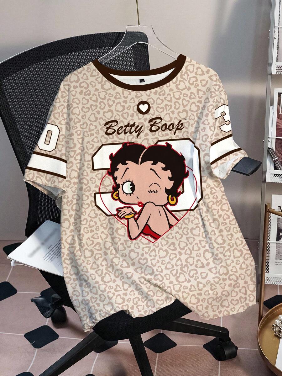 Betty Boop x SHEIN Plus Size Women's Leopard Print Colorblock Cute Round Neck Short Sleeve T-Shirt, - White - View 1