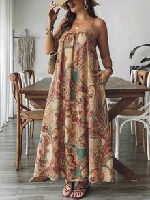 SHEIN LUNE Plus Size Women Floral Print Ruched Cami Dress, Holiday Holiday Vacation Beige Summer Boho - Multicolor - View 3
