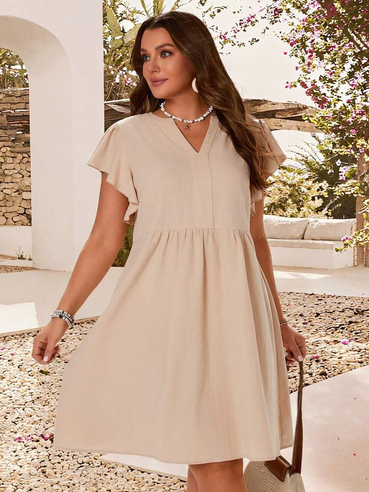 Plus Size Women Summer Casual Vacation Solid Color Notch Neck Ruffle Armhole Loose Dress Neutral Dresses For Women Casual Summer Dresses For Women Women Dress Quick Ship Women Dresses,Summer Outfits For Women, Vacation Outfits Women ,Summer Holiday Outfits ,Country Style For Women Zanea Dress For Woman Z9v7r Ladies Dresses Yisikado Dress