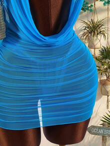 Amplova Bộ đồ bơi 3 món dành cho nữ với họa tiết sao biển và vỏ sò trên áo bikini, áo khoác ngoài cổ khăn choàng bằng lưới, gợi cảm và phá cách, phù hợp cho kỳ nghỉ, lễ hội âm nhạc, bộ sưu tập mới mùa xuân/hè. - Màu xanh lam - Xem 6