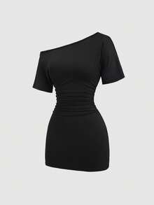 Sweetra New Spring/Summer Asymmetric Neck Short Sleeve Cinched Waist A-Line Mini Dress, Suitable For Parties And Outings - Black - View 1