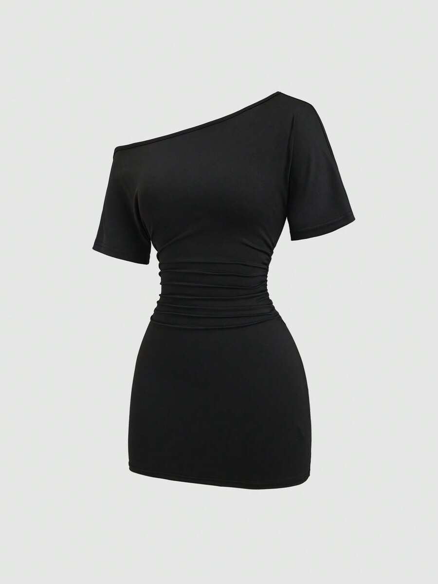 Sweetra New Spring/Summer Asymmetric Neck Short Sleeve Cinched Waist A-Line Mini Dress, Suitable For Parties And Outings - Black - View 1