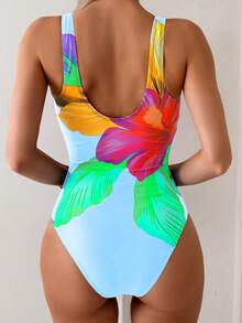 SHEIN Swim 女士连体多色大花卉图案圆领优雅高衩泳衣，夏季 - 藍色 - 查看 2