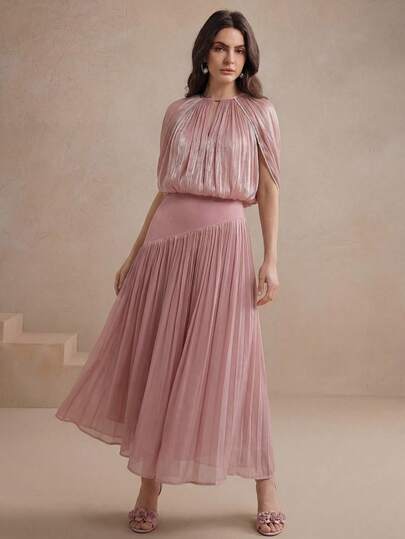 Anewsta Women's New Bohemian Style Vacation Casual Versatile Shiny Fabric High Waist Ruched Long Skirt