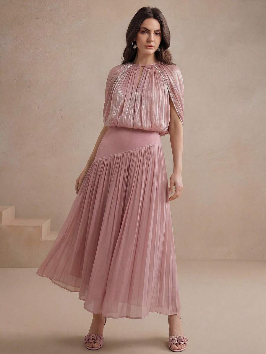 Anewsta Falda larga de cintura alta con pliegues, de tela brillante, estilo bohemio, versátil y casual para vacaciones - Rosa vieja - Ver 1