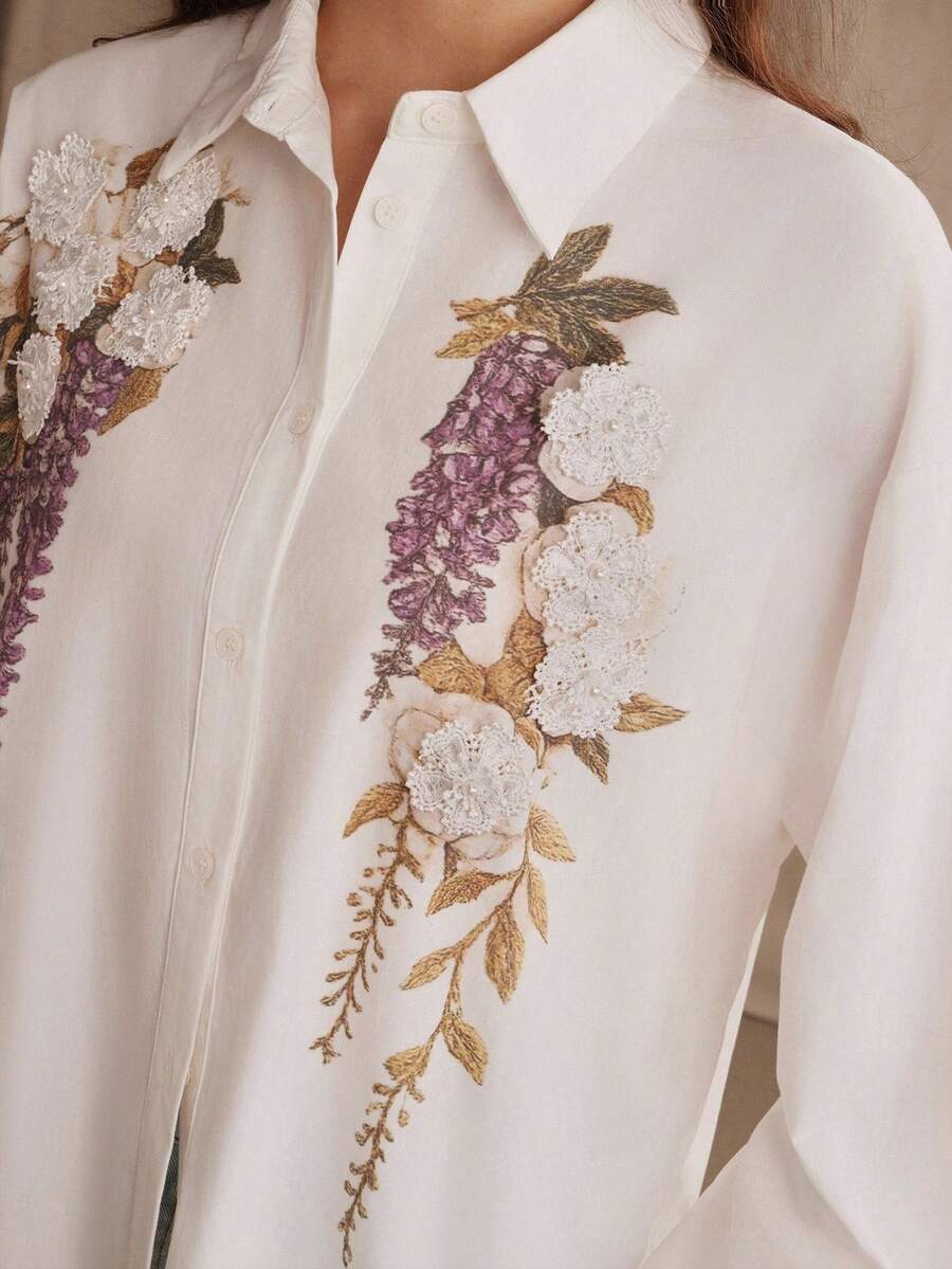 Anewsta Summer Fresh & Romantic 3D Floral Pure White Blouse For Women - White - View 1