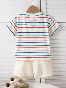 2pcs/Set Toddler Boys' Summer Casual Fashionable Graphic Print Round Neck Raglan Top And Striped Print Shorts,Suitable For Outdoor Play & Daily Wear - Multicolor - View 2