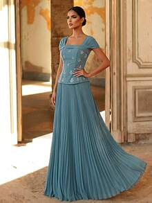 Aureia Elegant Green Evening Gown Luxurious 3D Rhinestone Embellished Chiffon A-Line Mini Sleeve Dress For Weddings Singles Parties Back-To-School - Blue - View 8