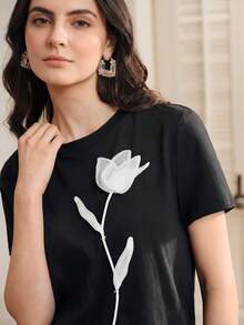 Anewsta 夏季清爽3D立体花卉超大款黑色女式T恤 - 黑色 - 查看 1