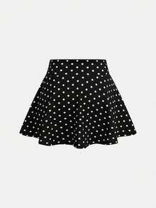 SHEIN Girlism Quần short dệt kim chấm bi mùa xuân/hè cho thiếu nữ, có quần lót kín đáo bên trong, chân váy thể thao cạp chữ V, đồ thể thao năng động. - Đen và trắng - Xem 2
