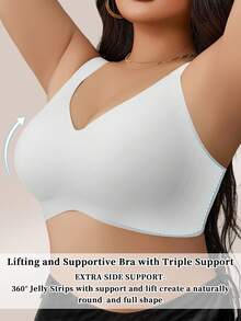 SHEIN 2pcs/Set Plus Size Seamless Jelly Stripe Soft Support Wireless Bra, Gather & Lift Bust, Reduce Side Bulge - White - View 4