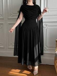 Feyla Plus Size Women's Elegant Party Banquet Black Ruched Batwing Sleeve Waist Cinched Dress - Black - View 3