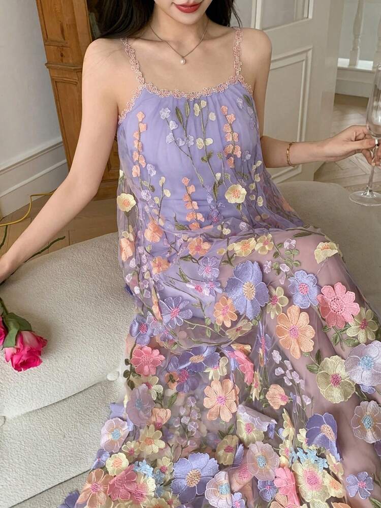 Women's Summer 3D Floral Decor Mesh Dress, Fairy Style Vacation Loose Long Dress