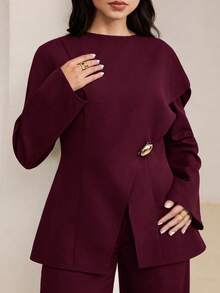 Veilorie 大码女式优雅纯色不对称长袖收腰上衣和阔腿裤两件套，春秋季 - 酒紅色 - 查看 5