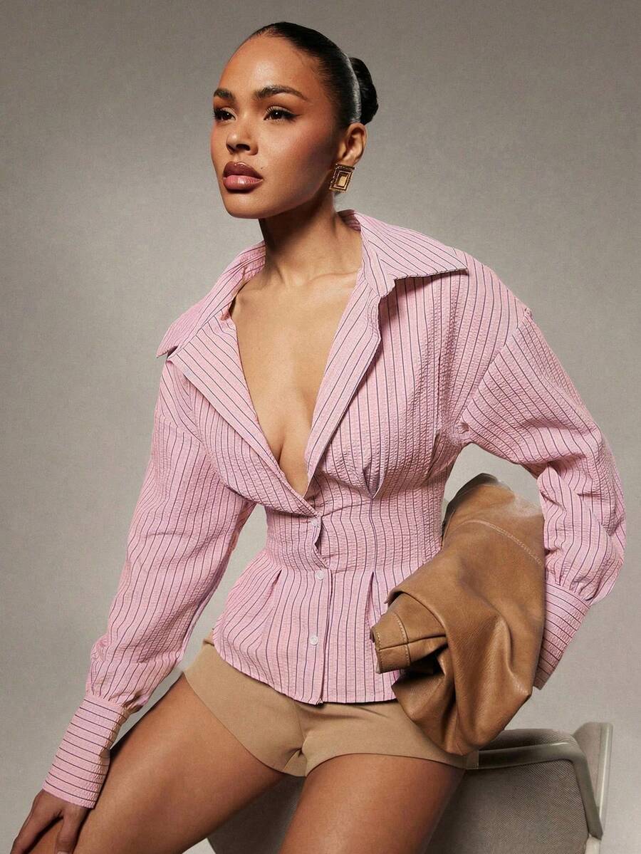 Hauture Camisa de manga larga con botones y rayas casuales para mujer, otoño - Rosa - Ver 1