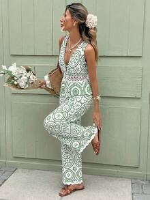 Serisse Women's V-Neck All-Over Print Casual Jumpsuit - Green - View 3