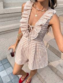 SHEIN PariChic Bộ jumpsuit nữ kiểu Pháp cổ điển mới, họa tiết hoa, viền bèo nhún, tôn dáng, thích hợp cho kỳ nghỉ. - Màu Khaki - Xem 3