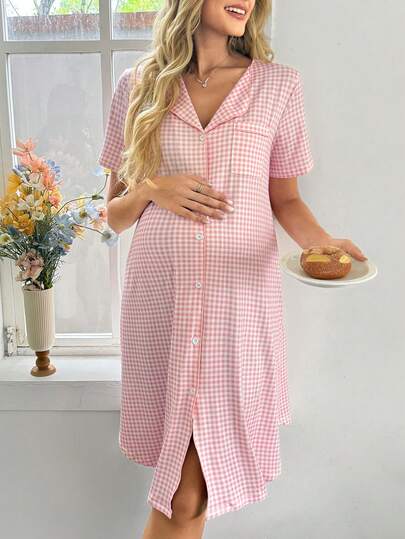 Moonlight&Mama Pregnant Women's Casual Plaid Print Pocket Short Sleeve Dress, Comfortable Maternity Robe, Suitable For Pregnant Women