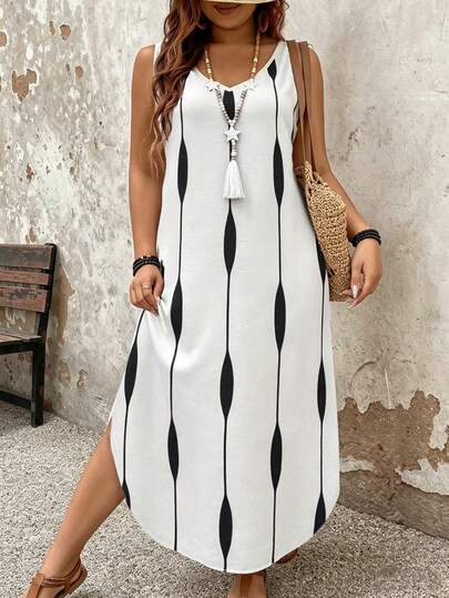 EMERY ROSE Vestido casual de talla grande a rayas para mujer con diseño personalizado de talla maxi
