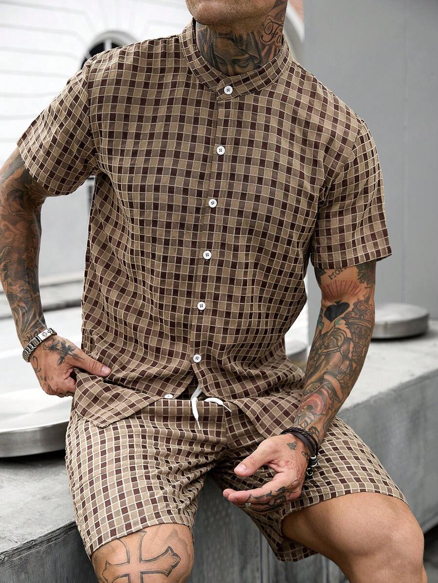 Manfinity CasualCool Bộ áo sơ mi kẻ caro nam thường ngày cho mùa hè - màu nâu - Xem 1