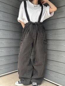 FRIFUL Peto vaquero con cordones para mujer - Gris Oscuro - Ver 4