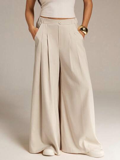 SHEIN Tall Women's Spring/Summer Fashion Casual Loose Comfortable Everyday Basic Versatile Slimming Elastic Waist Pleated Apricot Cropped Trousers/Skirts,Women Bottom,Summer Outfits,Work Pants,Simple Style,Wide-Leg Culottes
