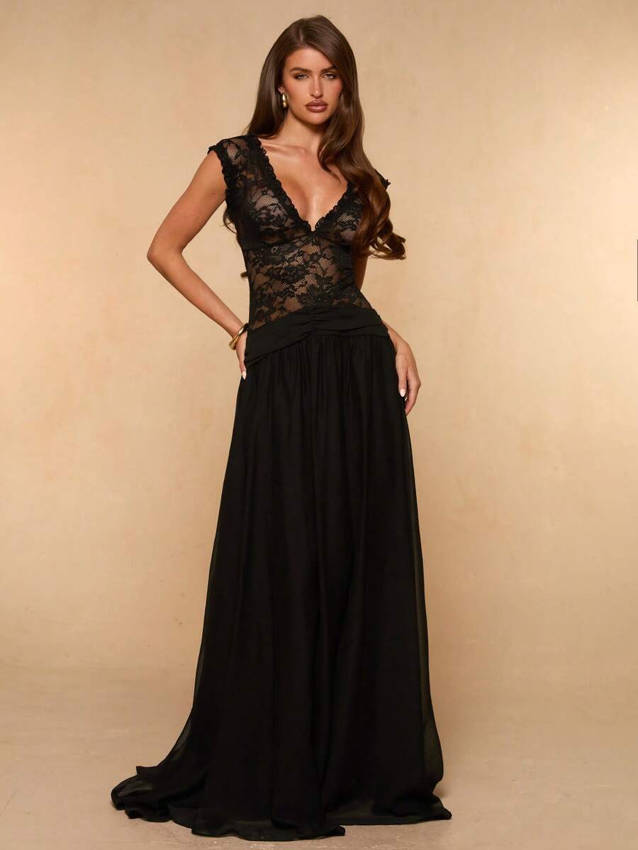 SHEIN BAE Đầm maxi dài ôm sát, ren đen, cổ chữ V sâu, chất liệu chiffon, kiểu dáng thanh lịch. - màu đen - Xem 1