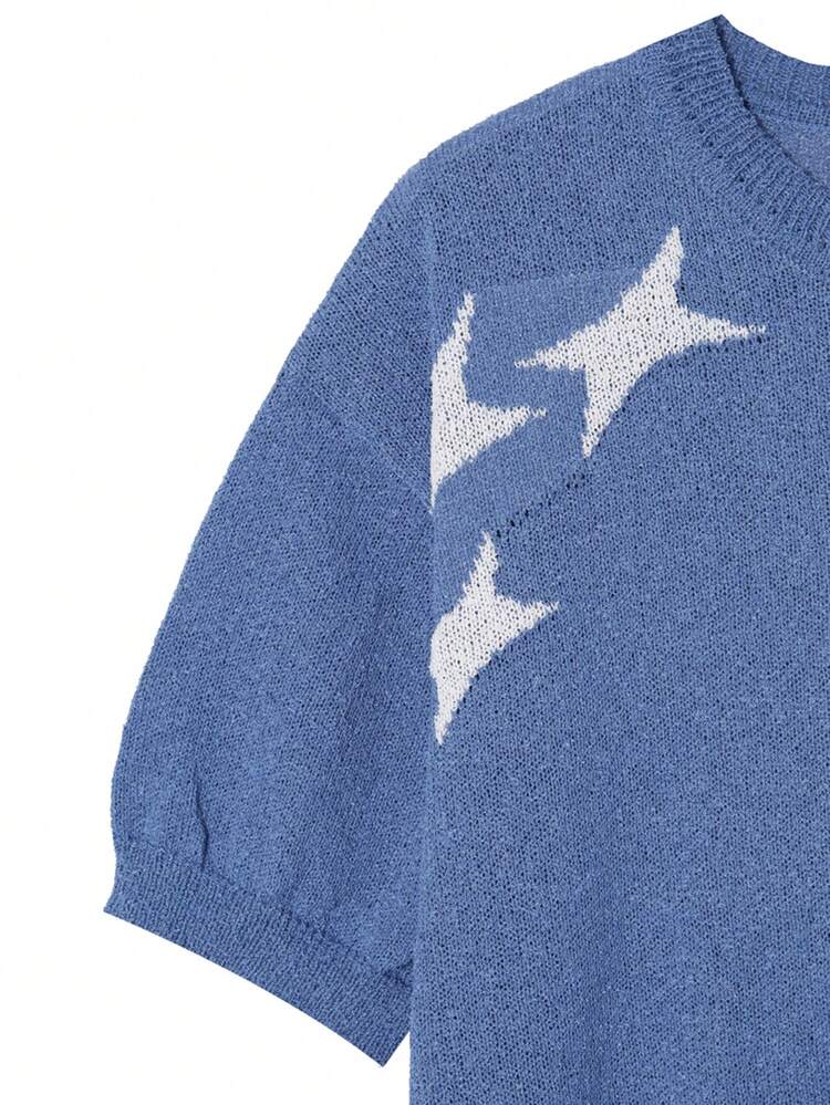 Blue Short Sleeve Knit Top With White Star Pattern For Men
