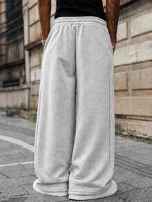 PAVTROS Men's Solid Color Drawstring Waist Pocket Wide Leg Loose Casual Sweatpants Wide Leg - Light Grey - View 2