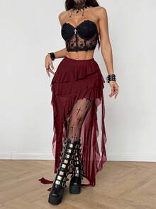 Coolane Váy dài nữ mùa Xuân/Đông phong cách Gothic Y2K, thời trang đường phố, du lịch, Boho Y2K, nhạc đồng quê, Gyaru, ren, bất đối xứng, xếp nếp, tua rua, màu đen, cạp thấp. - Màu Đỏ Sâu - Xem 4
