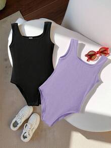 SHEIN Set de 2 piezas Mono de punto de unicolor para niña, estilo urbano, primavera/verano - Multicolor - Ver 6