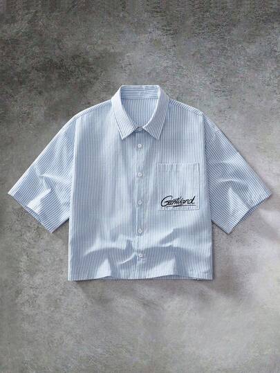 Manfinity RebelGame Men's Casual Woven Pocket Letter Embroidered Loose Short Sleeve Shirt