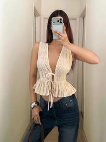 Women's Fashion Sexy Tie-Up Ruffle Hem Blouse - Apricot - View 5