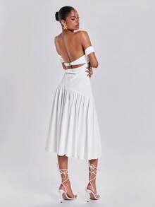 ROMWE Y2K Romantic Sexy White Waist Lace Off-Shoulder Hollow-Out Front Midi Dress For Summer Wedding Vacation - White - View 2