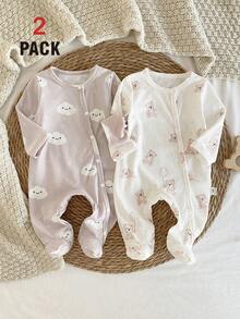 2 paquetes de mamelucos para bebés recién nacidos, con estampados lindos de nubes, estrellas y osos, de manga larga y con pies, suaves y cómodos - Multicolor - Ver 4