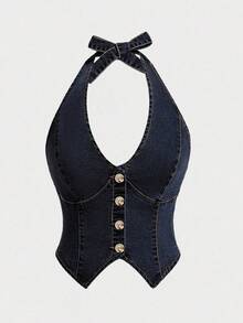 SHEIN MOD Blusa de mezclilla con botones delanteros y espalda descubierta para tallas grandes - Azul lavado oscuro - Ver 1