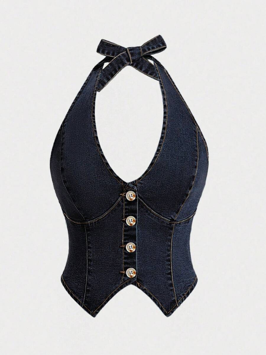 SHEIN MOD Blusa de mezclilla con botones delanteros y espalda descubierta para tallas grandes - Azul lavado oscuro - Ver 1