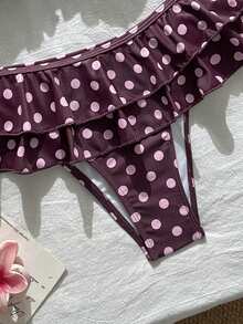 Bonvoyette Bộ bikini nữ mùa hè 2026 mới, kiểu dáng dễ thương, bèo nhún, dây mảnh, hở lưng, họa tiết chấm bi, phối màu, có gọng. - Hồng - Xem 5