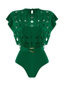 Swim Oasis Hollow-Out Solid Color Round Neck Women's Waist Belt Suit - Green - View 3