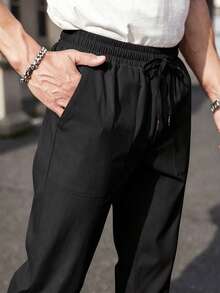Manfinity Homme Men's Solid Color Drawstring Waist Casual Versatile Daily Wear Pants - Black - View 5