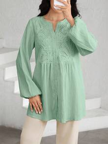 Graceveil Camisa de manga larga con cuello entallado, unicolor con textura y parches de encaje - Verde - Ver 7