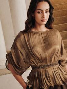 Anewsta Women's Elegant Shiny Fabric Round Neck Pleated Waist Beaded Decor Wavy Hem Top, Summer - Brown - View 1