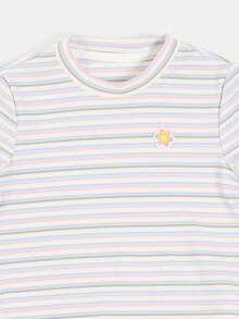 SUMWON Camiseta de punto acanalado con rayas horizontales multicolor pastel y aplicación de flor en el cuello redondo, de manga corta, para primavera y verano - Multicolor - Ver 3