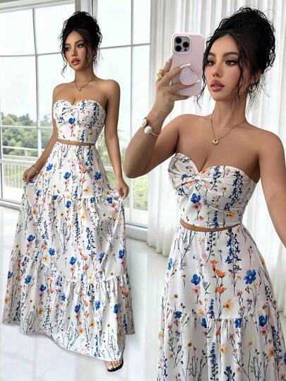 Elenzga Women's Fashion Floral Print Bandeau Top And Midi Skirt 2-Piece Set, Suitable For Party, Date, Dinner, Back To School, Teacher's Day, Mother's Day, Festivals, Casual Daily Wear, Commute, Vacation