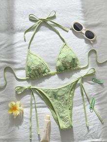 Swim Vcay 两件式泳衣，春夏海滩度假风，花卉亮片纹理薄荷绿串珠吊带三角上衣和侧系带泳裤性感比基尼套装 - 薄荷綠 - 查看 7